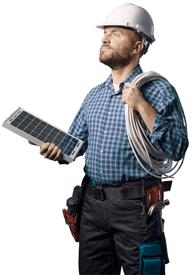 An electrician holding a solar panel with electrical cables.