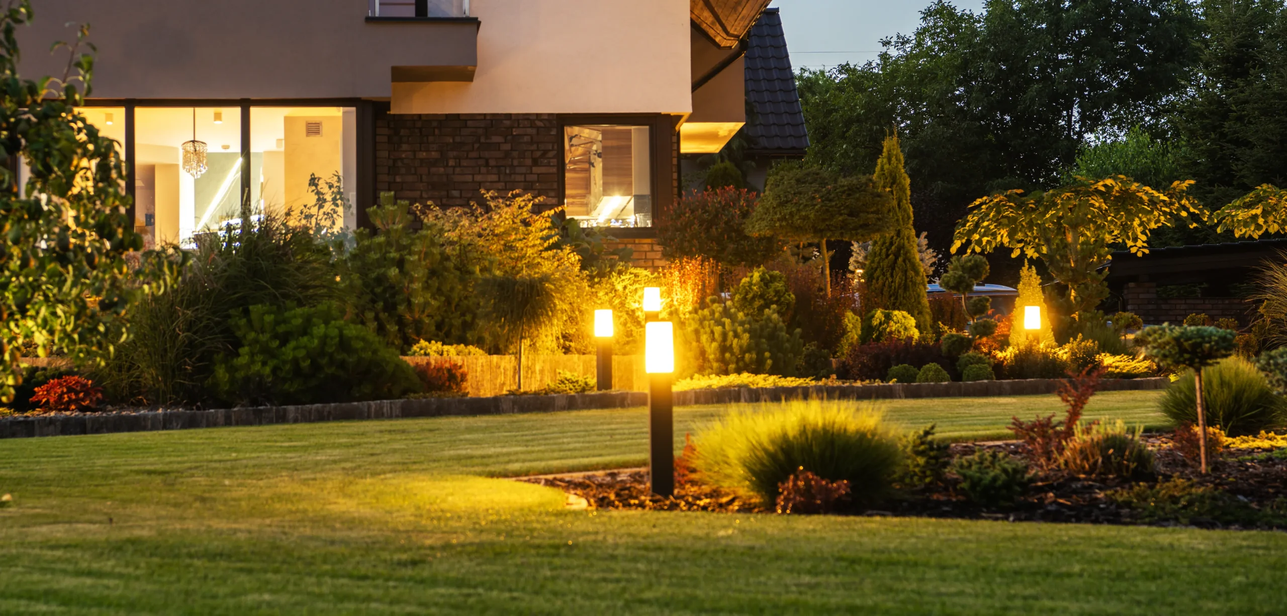 A modern led garden light posts on a residential backyard.
