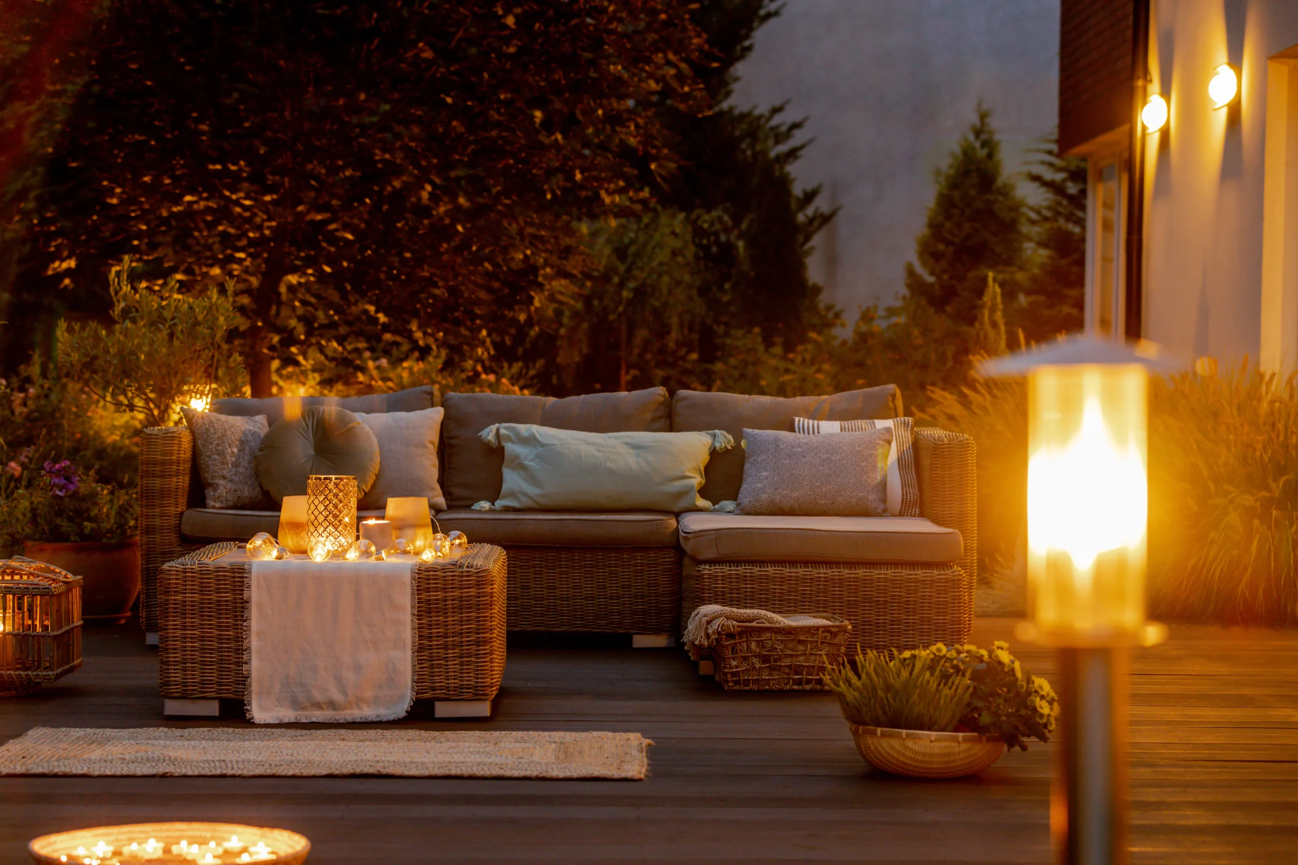 Warm summer light in the garden with trendy furniture.